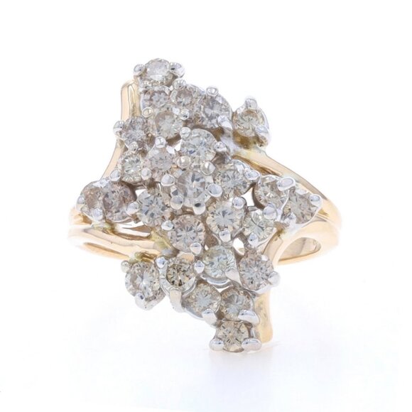 Yellow Gold Diamond Cluster Cocktail Bypass Ring - 14k Round 1.43ctw Waterfall